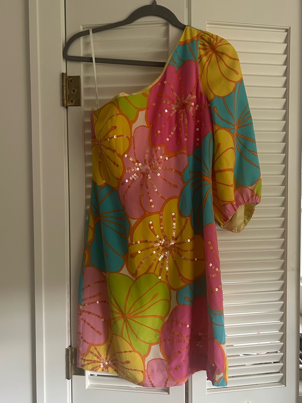 Lilly Pulitzer Pink Size 2 Floral One Shoulder Long Sleeve Mini Dress Sequins